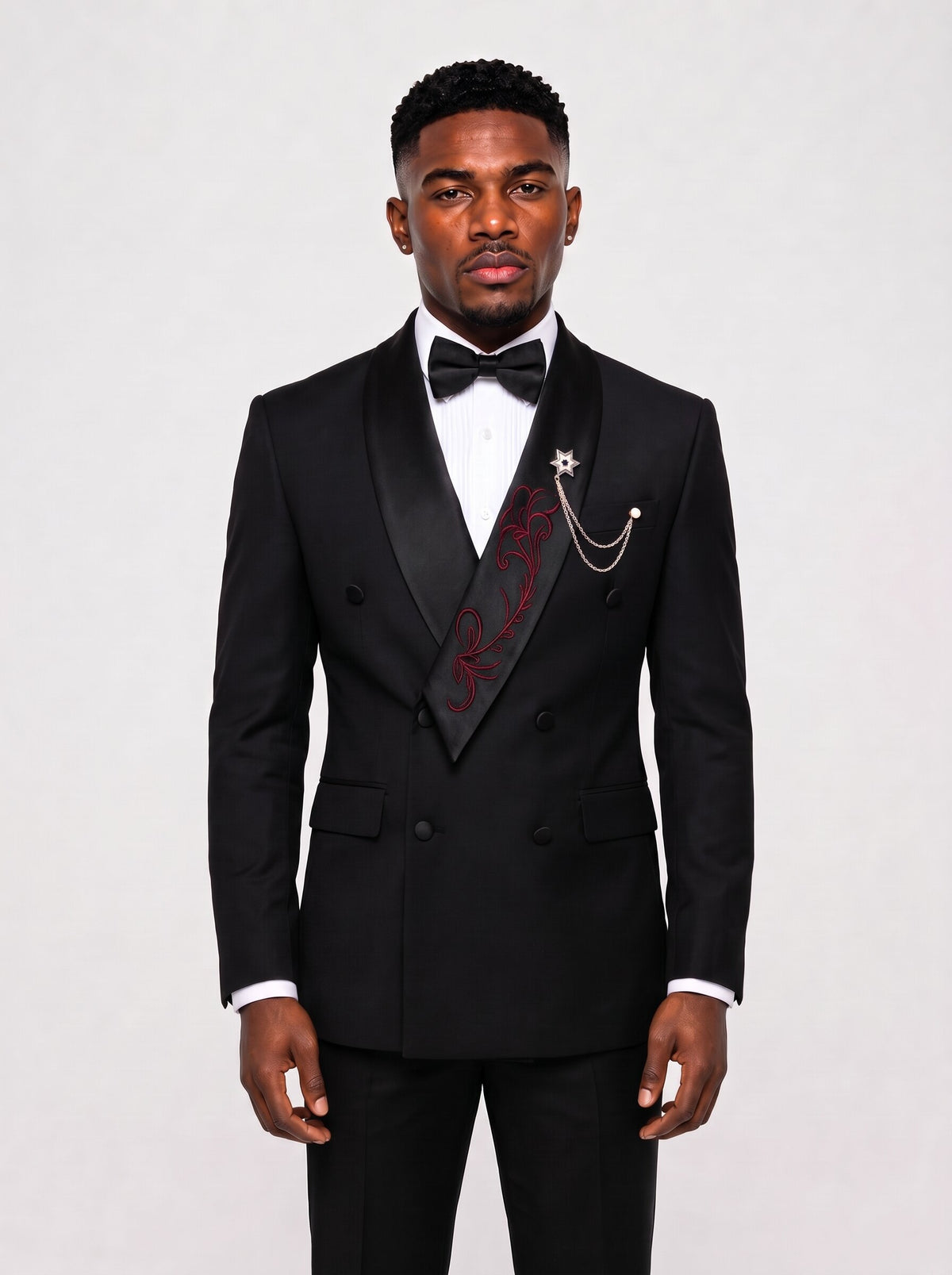 Men’s Black Double-Breasted Tuxedo with Embroidered Satin Shawl Lapel