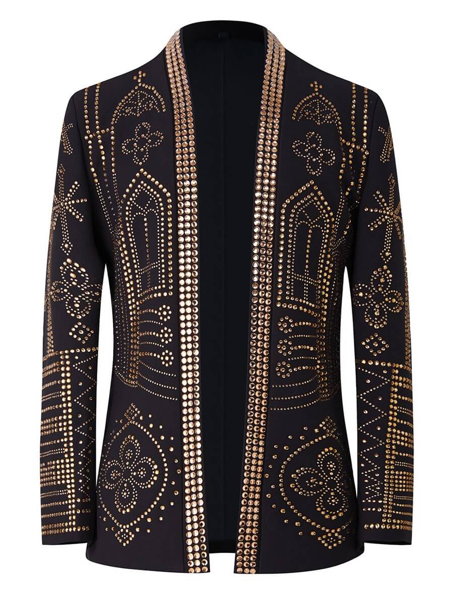 Mens Black Gold Geometric Rhinestone Stage Jacket for male musicians