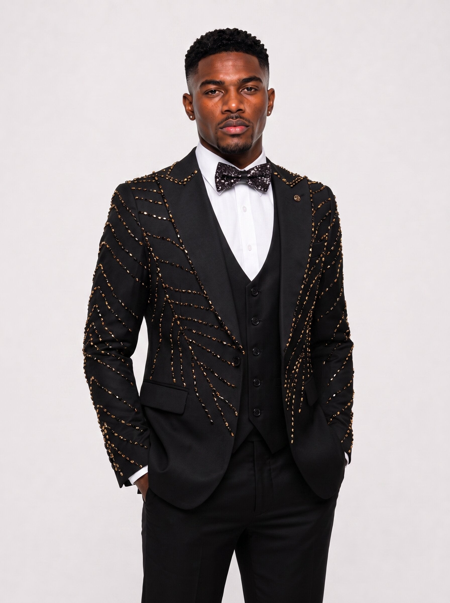 Men's Black Gold Studded 3 Piece Suit