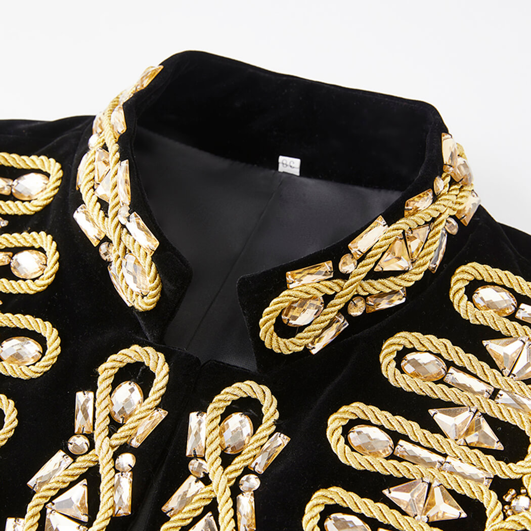 Men's Black Military Stage Jacket, Rhinestone Trim Performance Coat