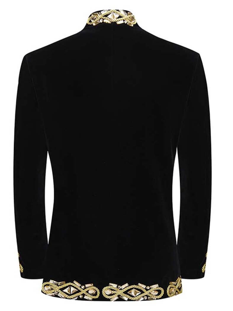 Men's Black Military Stage Jacket, Rhinestone Trim Performance Coat