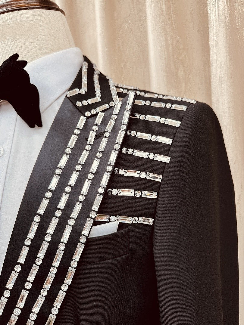 Men’s Black Rhinestone Peak Lapel 3 Piece Tuxedo
