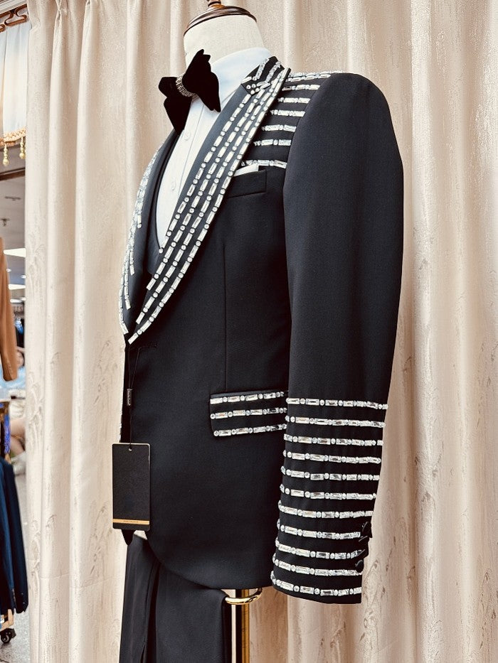 Men’s Black Rhinestone Peak Lapel 3 Piece Tuxedo