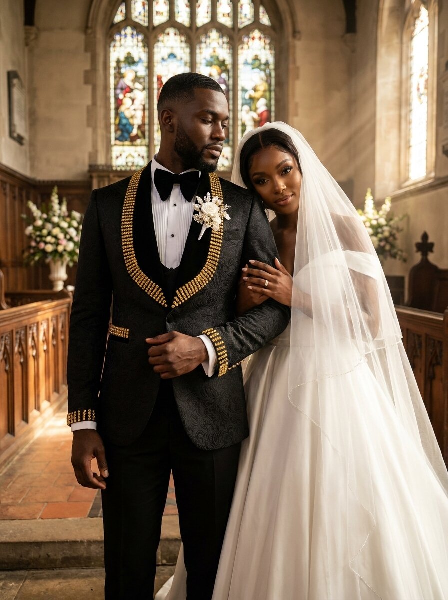 Men’s Black Suit with Gold Rhinestone 3-Piece Wedding Tuxedo