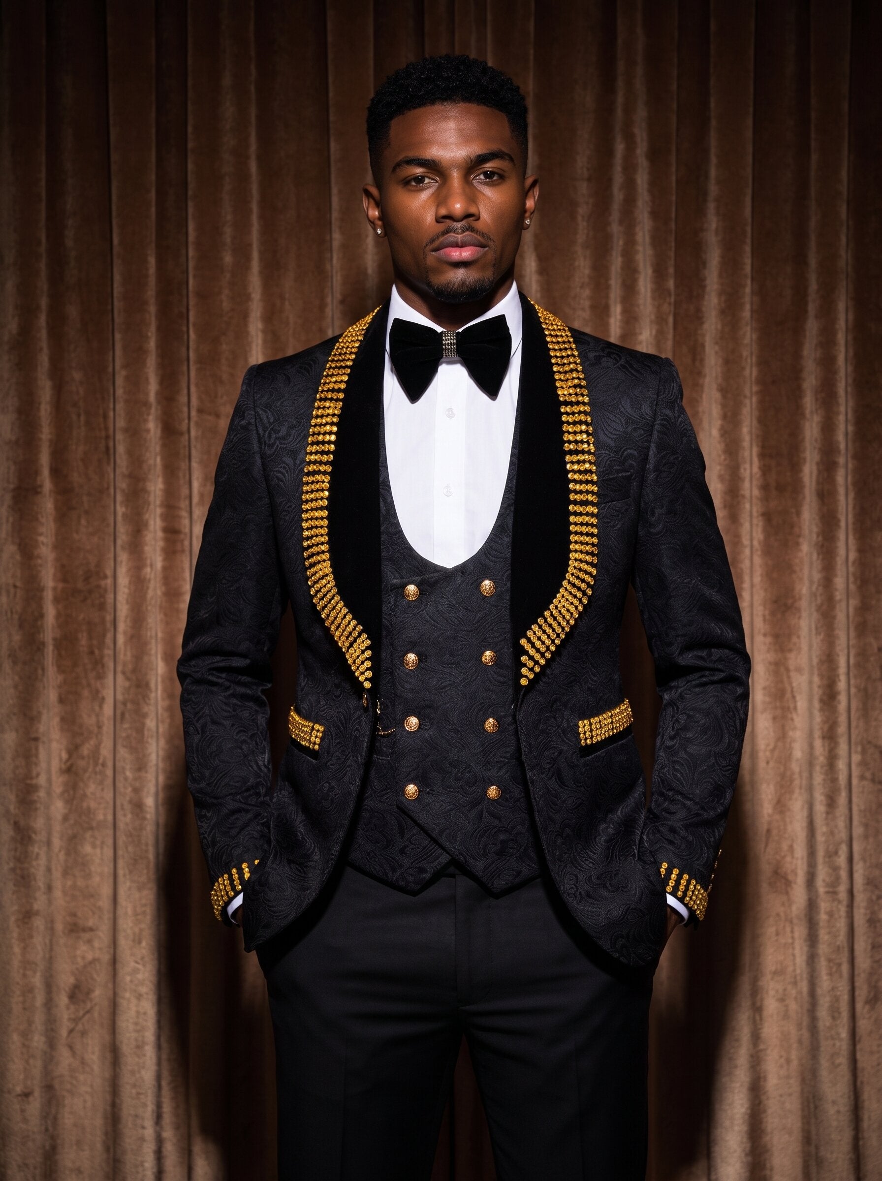 Men’s Black Suit with Gold Rhinestone 3-Piece Wedding Tuxedo