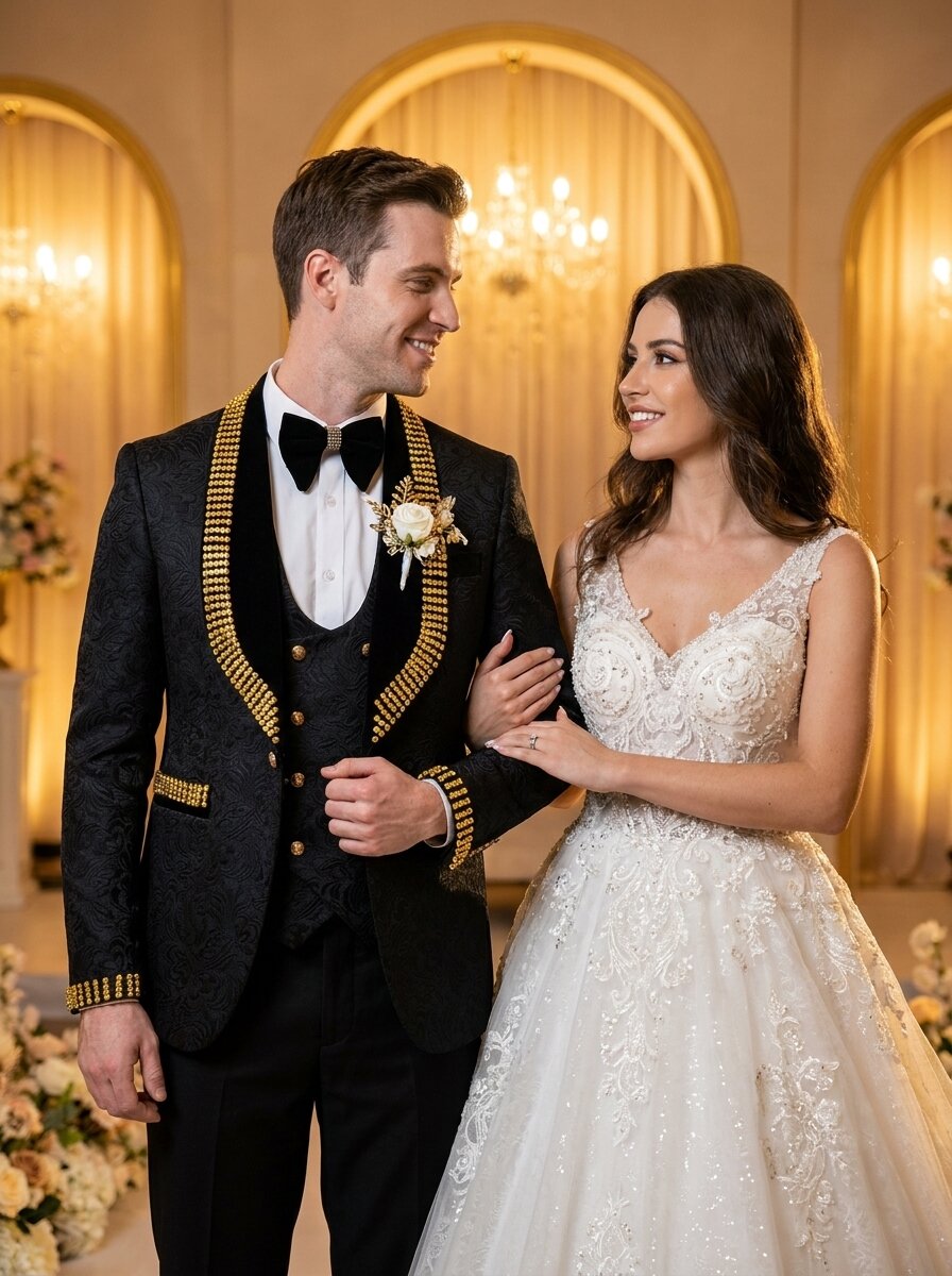 Men’s Black Suit with Gold Rhinestone 3-Piece Wedding Tuxedo