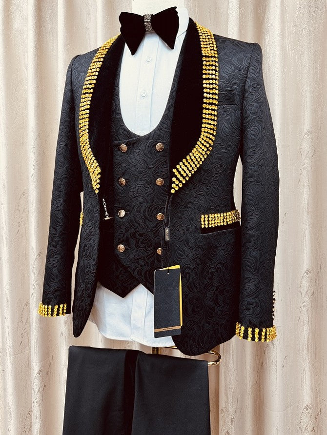 Men’s Black Suit with Gold Rhinestone 3-Piece Wedding Tuxedo
