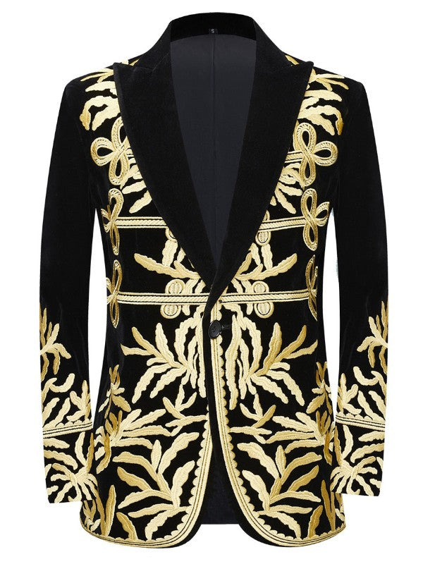Men’s Black Velvet Blazer with Yellow Gold Leaf Embroidery