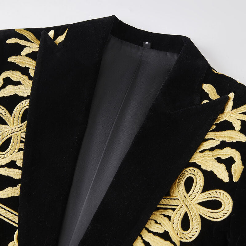 Men’s Black Velvet Blazer with Yellow Gold Leaf Embroidery