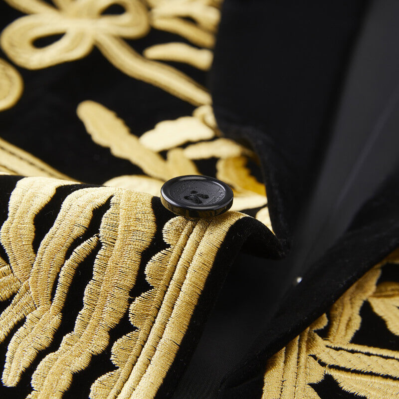 Men’s Black Velvet Blazer with Yellow Gold Leaf Embroidery