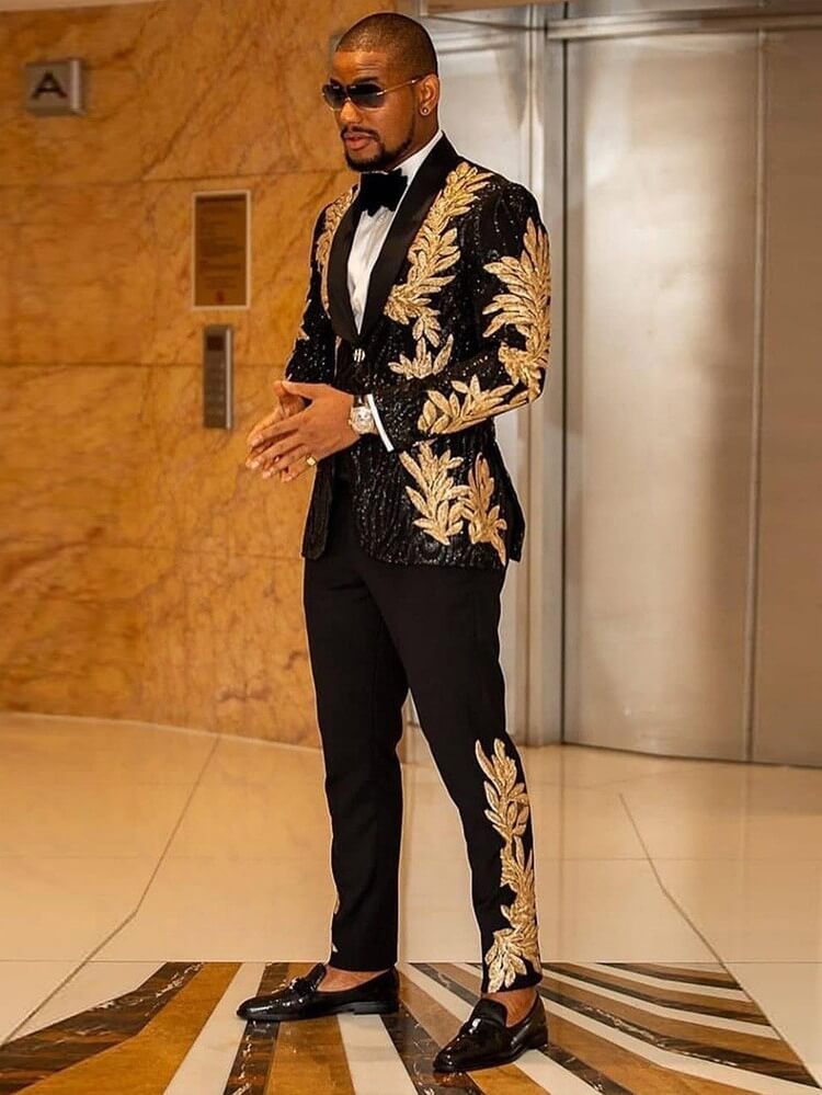 Men’s Black Leaf Embellished Sequin Tuxedo Suit – 2 Piece