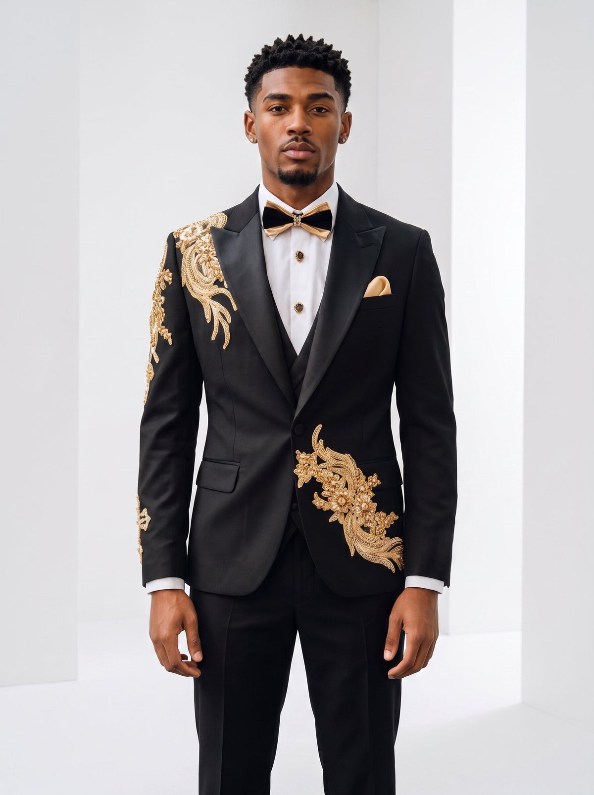 Men’s Black and Gold Rhinestone Embellished 3-Piece Tuxedo Suit