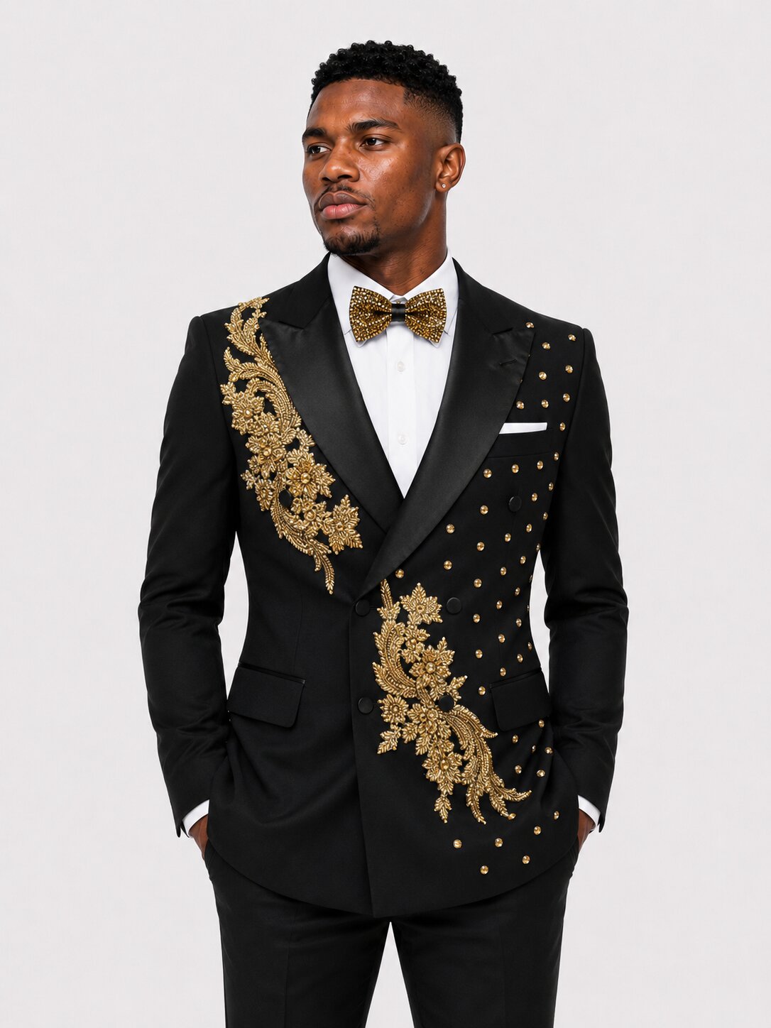 Men's Black and Gold Suit With Beads Rhinestone