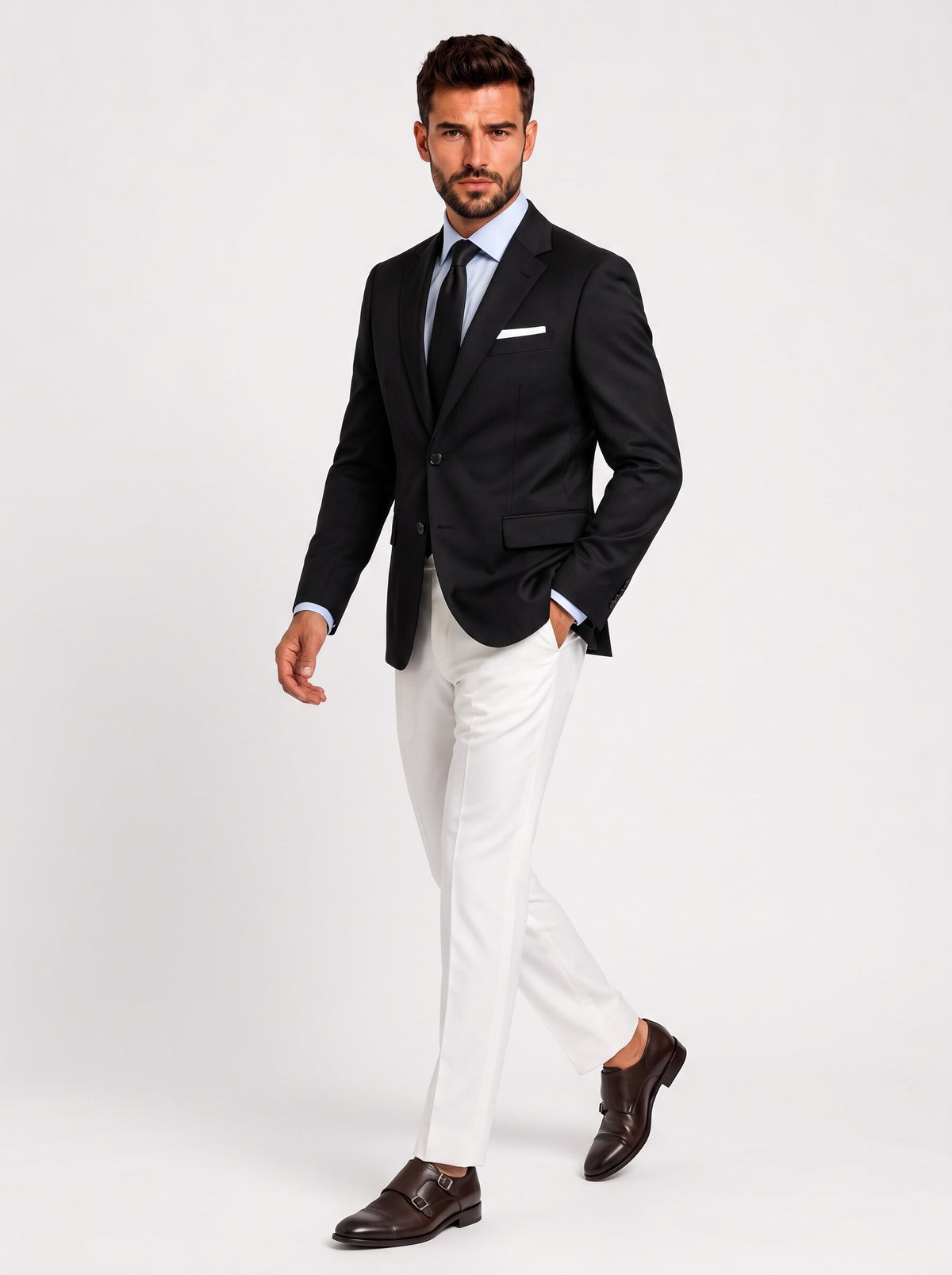 Men’s Black and White 2-Piece Suit with Notch Lapel Jacket
