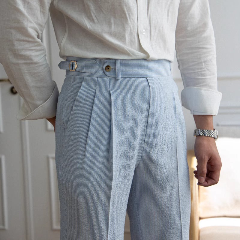 Men’s Blue Striped Seersucker High-Waisted Dress Pants