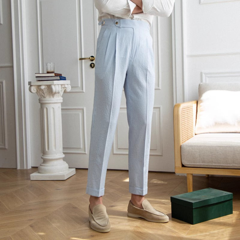 Men’s Blue Striped Seersucker High-Waisted Dress Pants