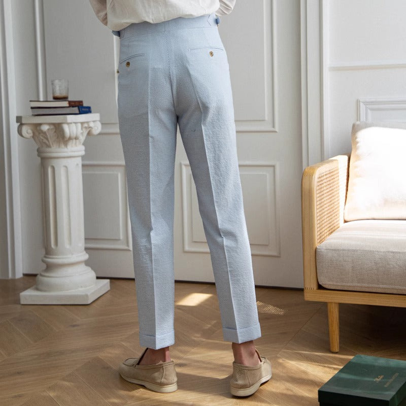 Men’s Blue Striped Seersucker High-Waisted Dress Pants