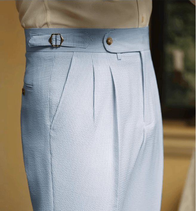 Men’s Blue Striped Seersucker High-Waisted Trousers
