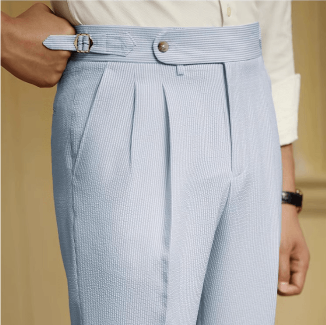 Men’s Blue Striped Seersucker High-Waisted Trousers