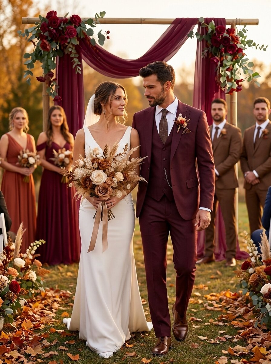 Men’s Burgundy 3-Piece Wedding Suit with Vest