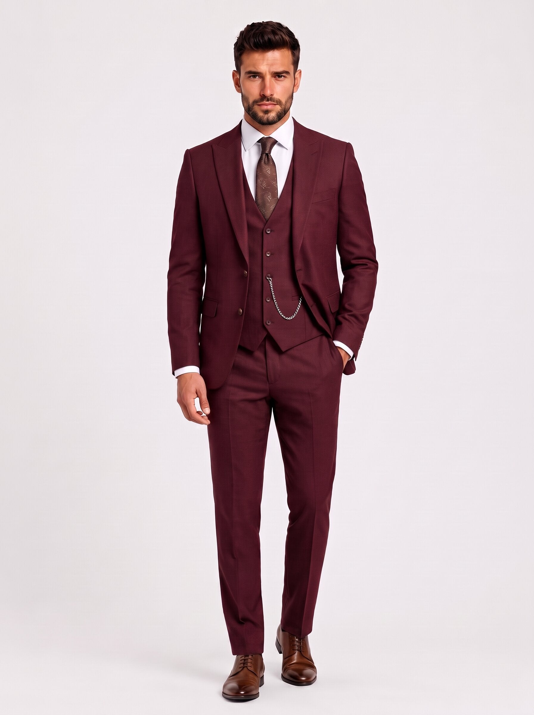 Men’s Burgundy 3-Piece Wedding Suit with Vest