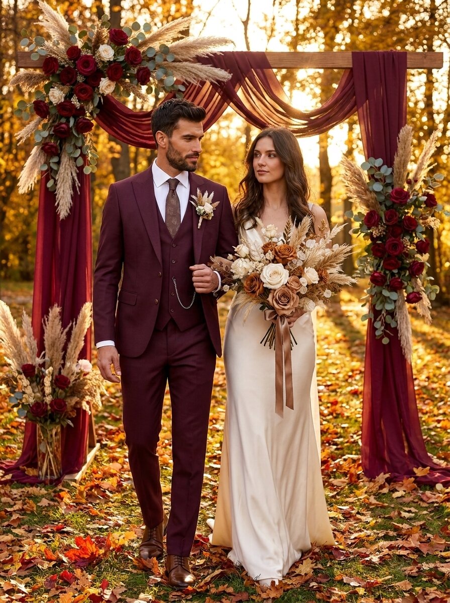 Men’s Burgundy 3-Piece Wedding Suit with Vest