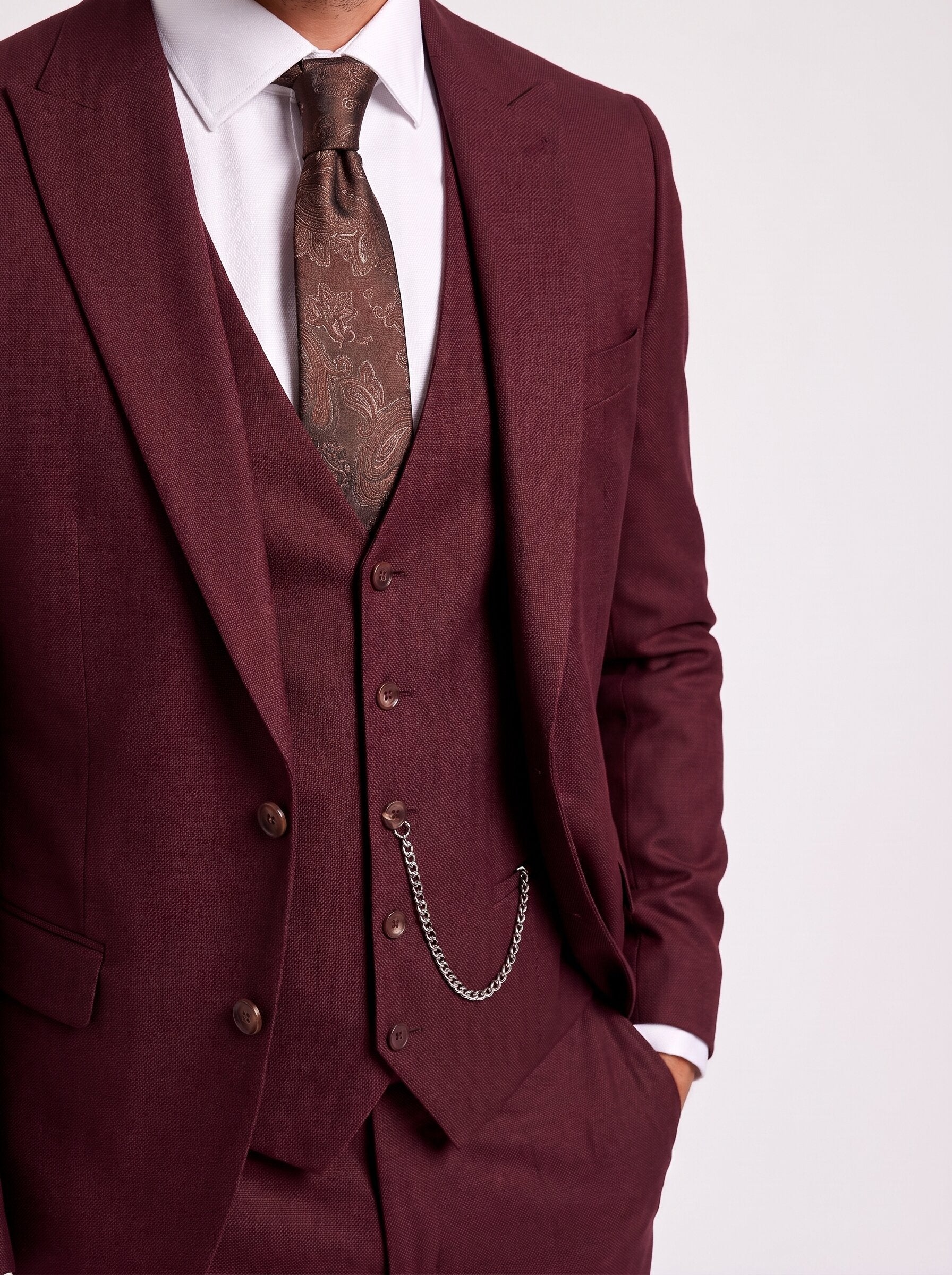Men’s Burgundy 3-Piece Wedding Suit with Vest