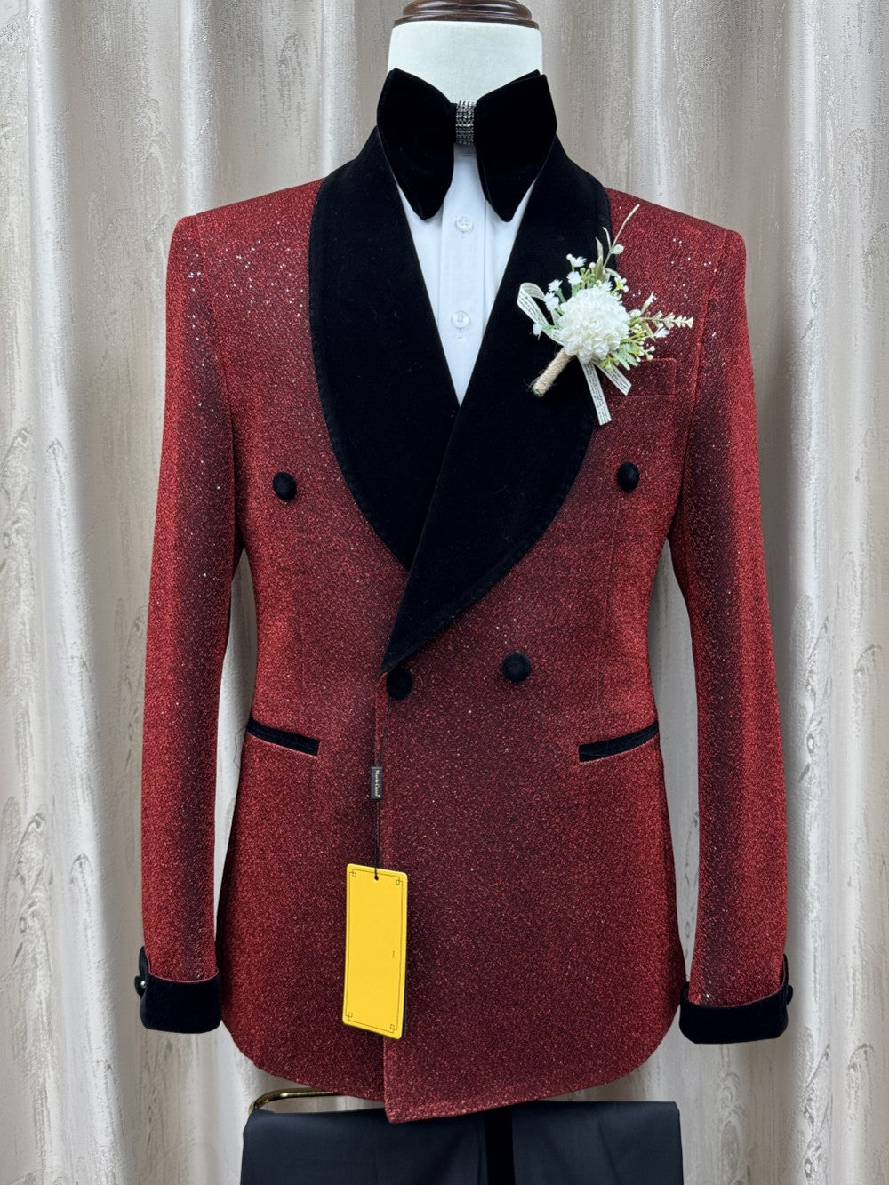 Men’s Burgundy Glitter Double-Breasted Tuxedo with Black Velvet Shawl Lapel