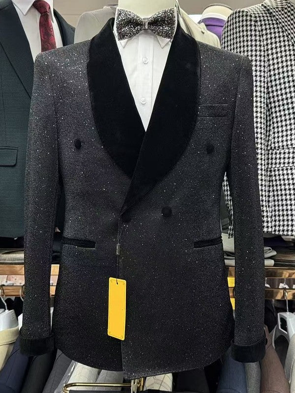 Men’s Burgundy Glitter Double-Breasted Tuxedo with Black Velvet Shawl Lapel