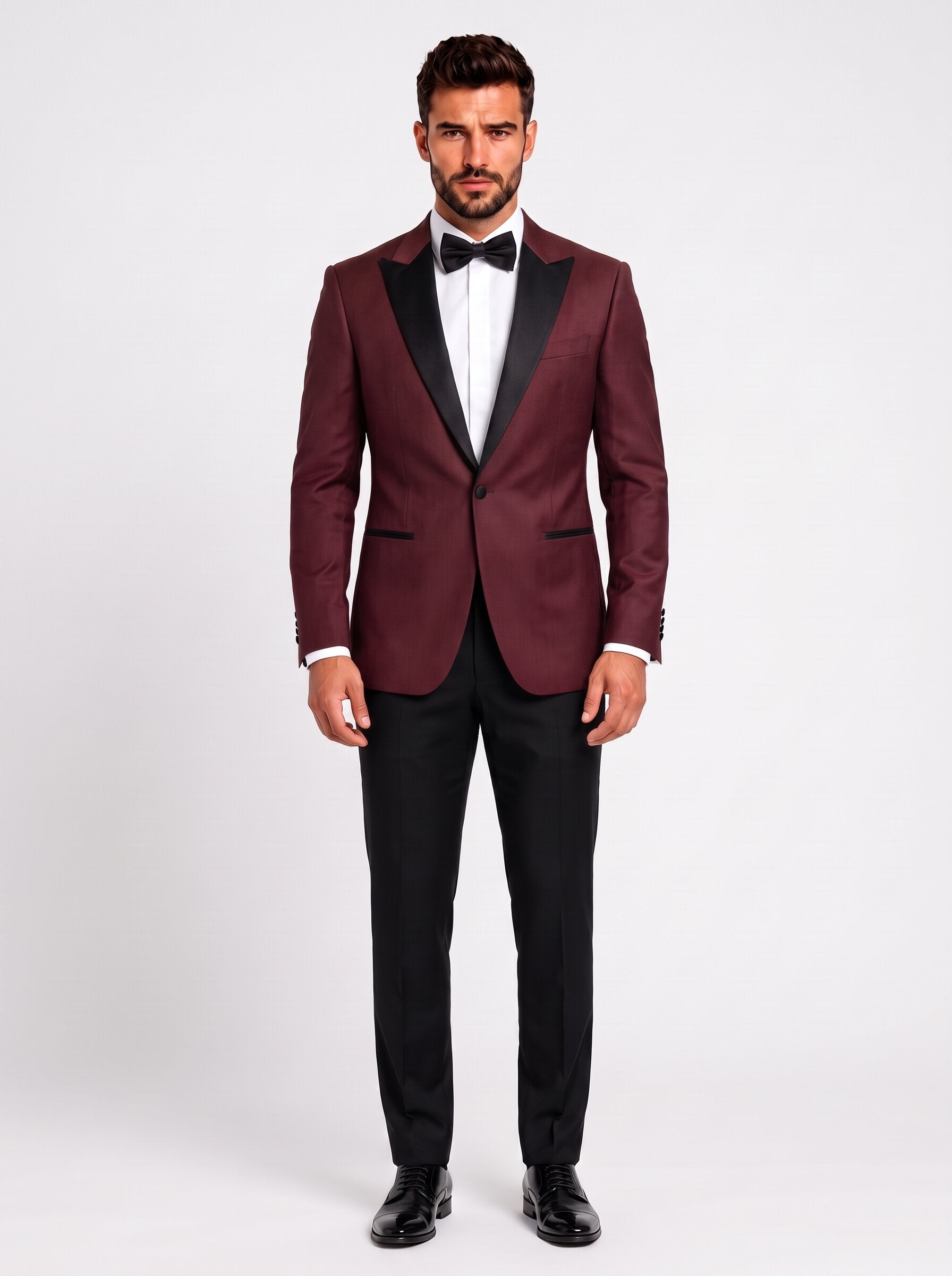 Men’s Burgundy & Black 2-Piece Peak Lapel Tuxedo