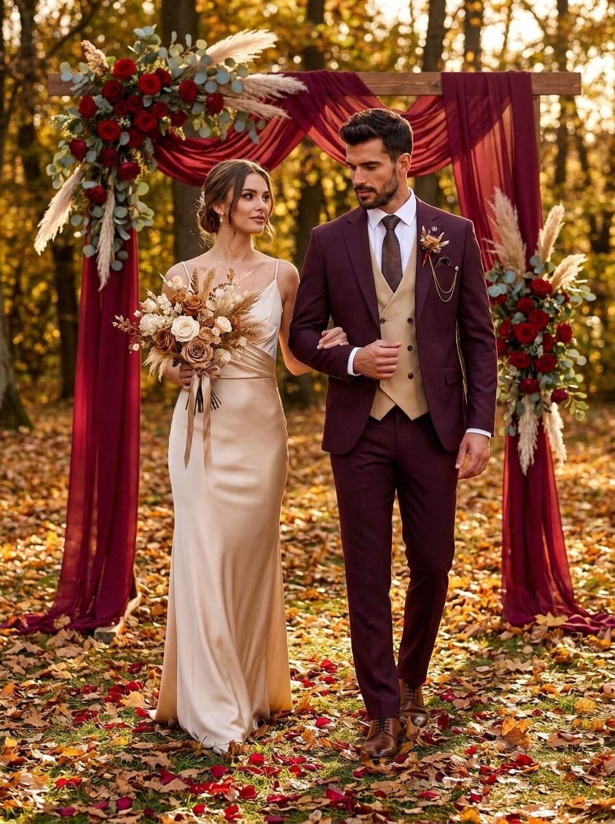 Men’s Burgundy and Champagne 3-Piece Wedding Suit