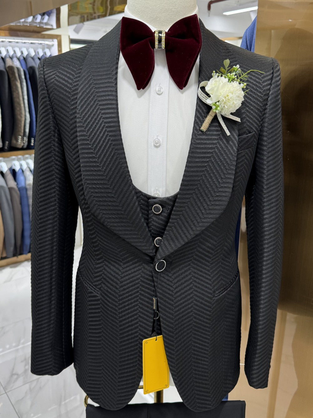 Men's Chevron Textured Shawl Lapel 3 Piece Tuxedo