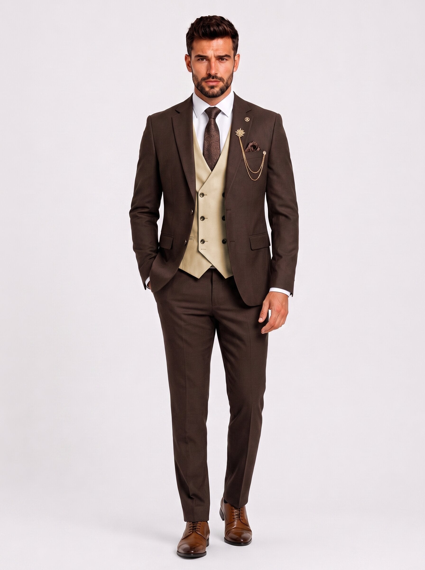 Men’s Chocolate Brown 3 Piece Suit with Champagne Vest