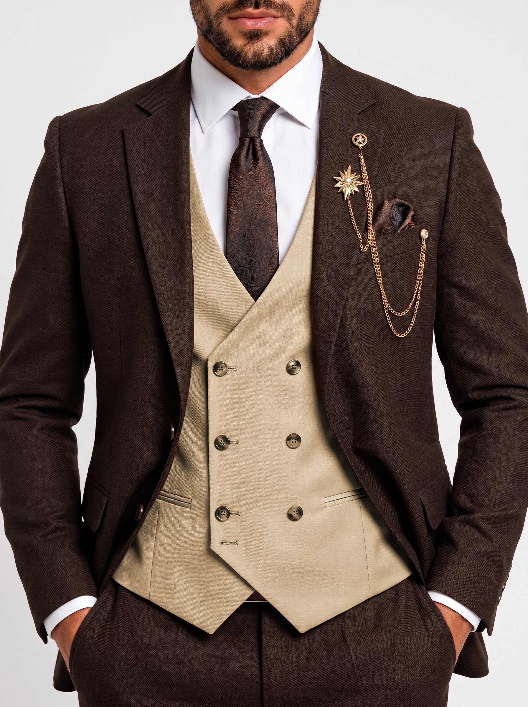 Men’s Chocolate Brown 3 Piece Suit with Champagne Vest
