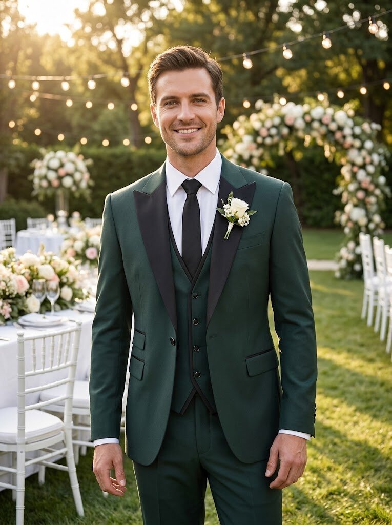 Men’s Green Tuxedo 3 Piece Black Lapel Formal Wedding Suit