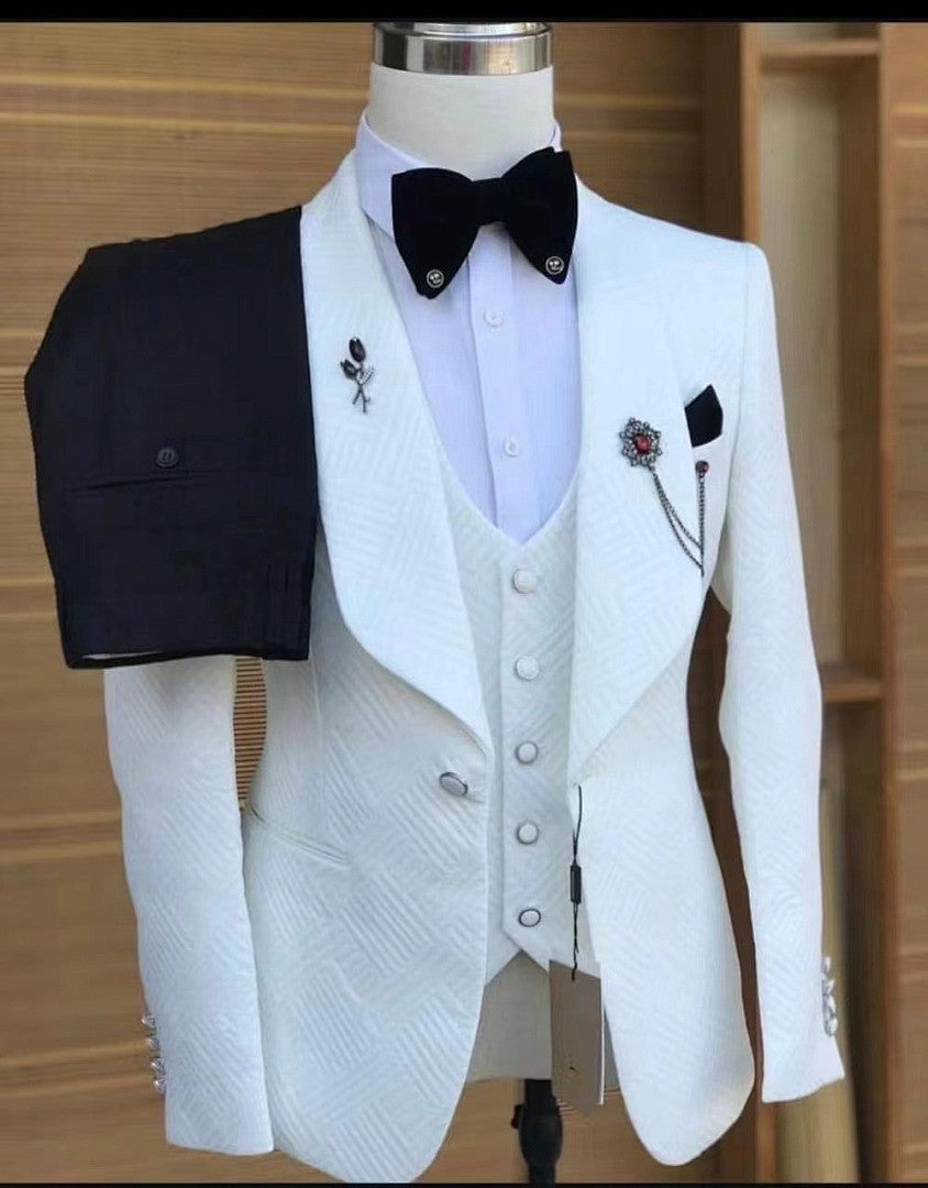 Men's Geometric Textured 3 Piece Tuxedo Suit