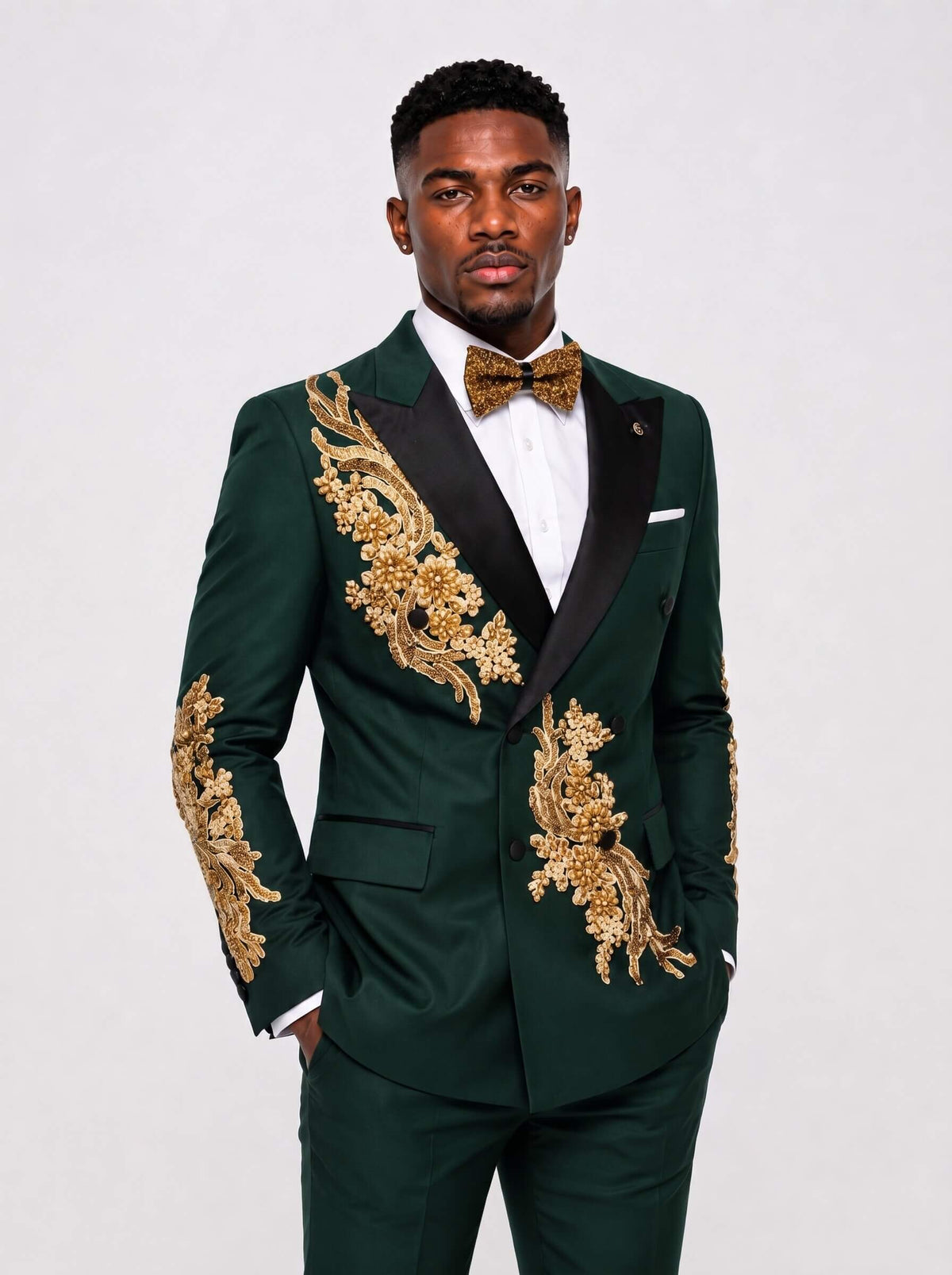 Men’s Gold Rhinestone Floral Double-Breasted 2-Piece Prom Suit