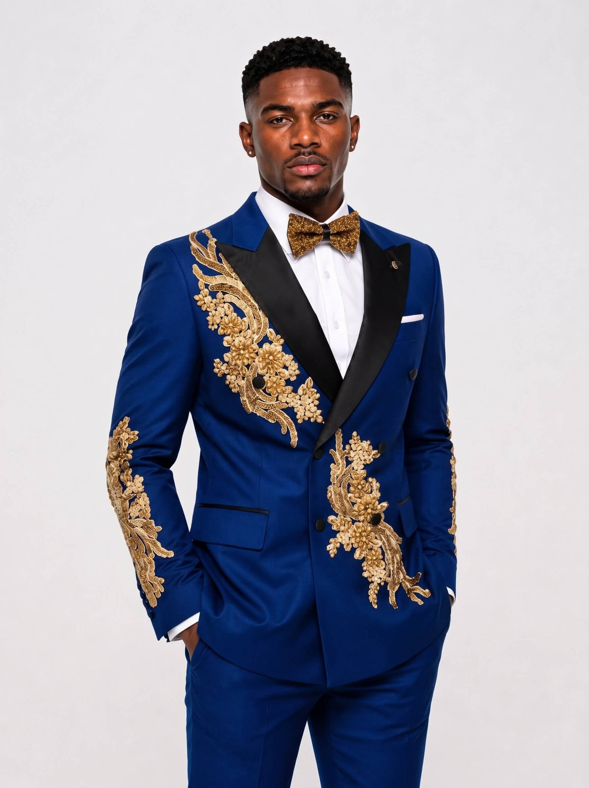 Men’s Gold Rhinestone Floral Double-Breasted 2-Piece Prom Suit