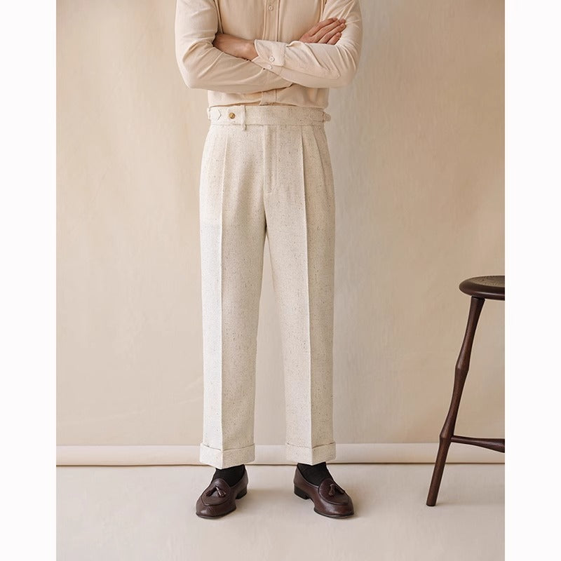 Men’s Heavyweight Linen Gurkha Trousers – High-Waisted Pleated Dress Pants
