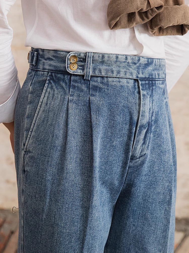 Men’s High-Waisted Denim Gurkha Trousers – Vintage Pleated Straight-Leg Pants