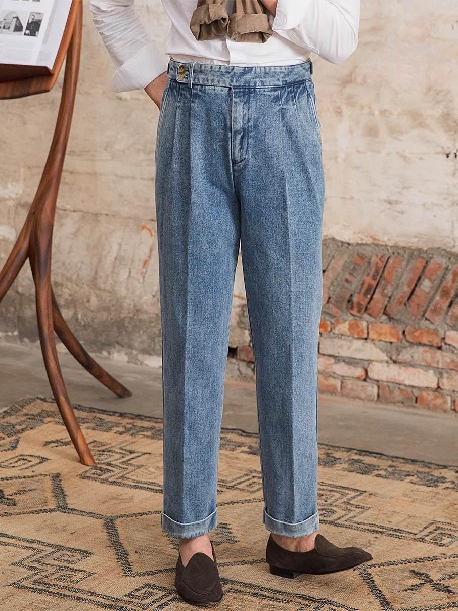 Men’s High-Waisted Denim Gurkha Trousers – Vintage Pleated Straight-Leg Pants
