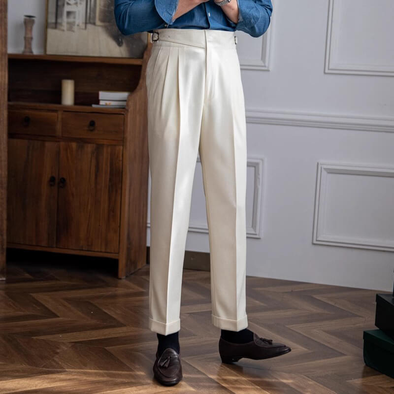 beige Men’s Italian High-Waisted Pleated Dress Pants