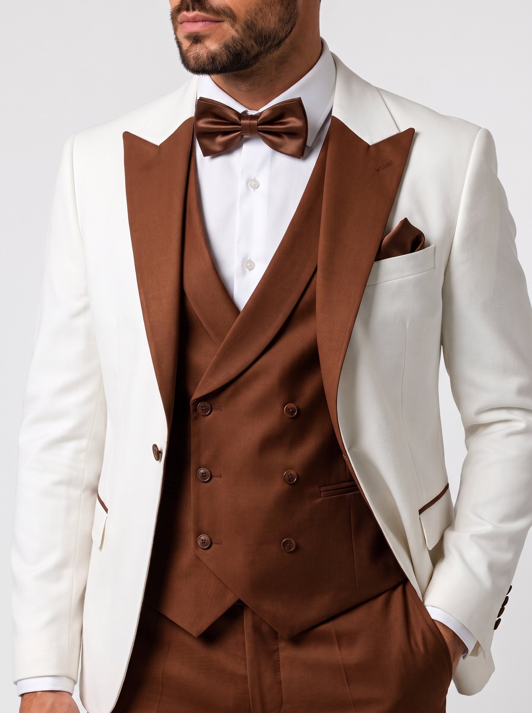 Men’s Ivory & Orange-Toned Brown 3 Piece Wedding Tuxedo