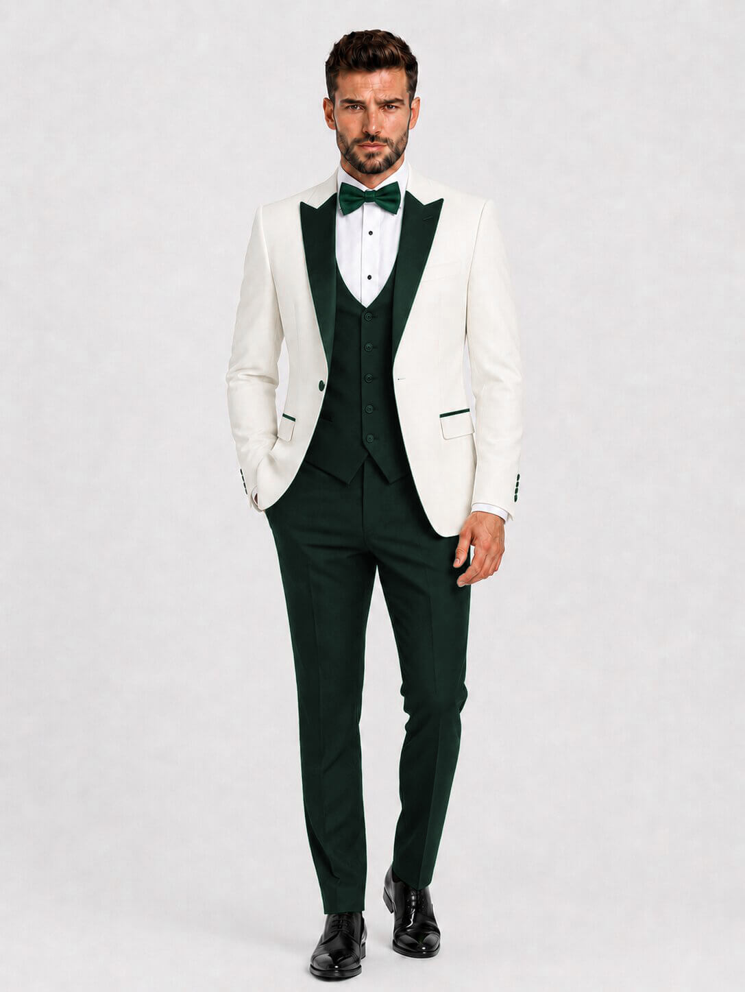 Men’s Ivory & Dark Green 3-Piece Peak Lapel Tuxedo