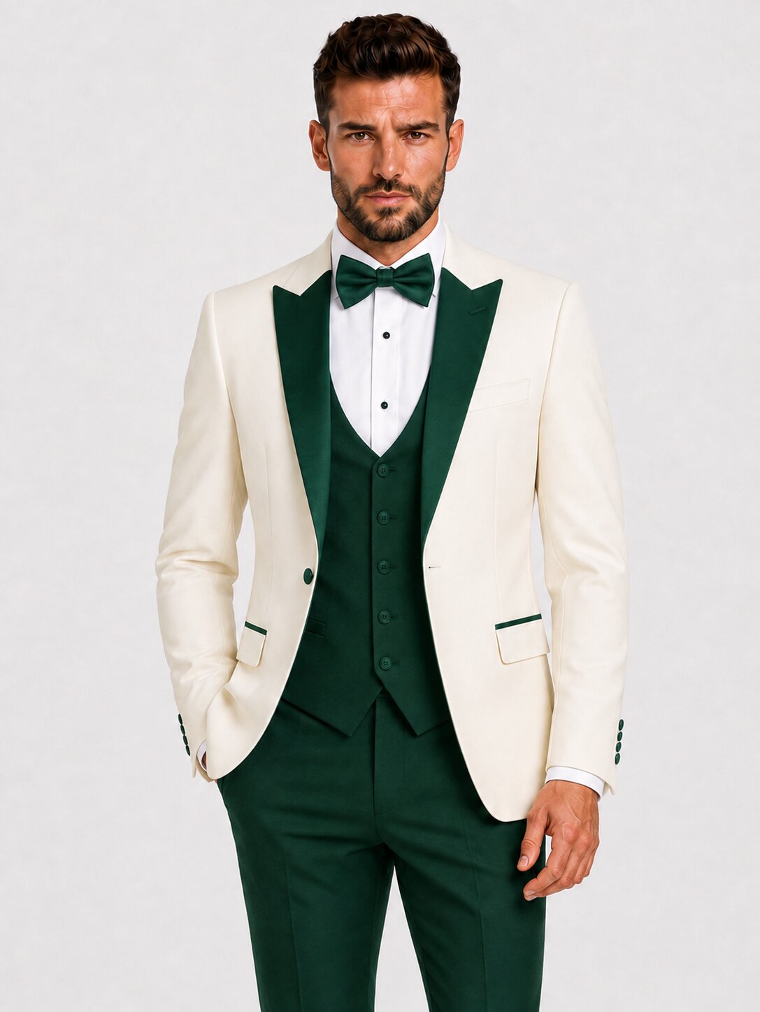 Men’s Ivory & Dark Green 3-Piece Peak Lapel Tuxedo
