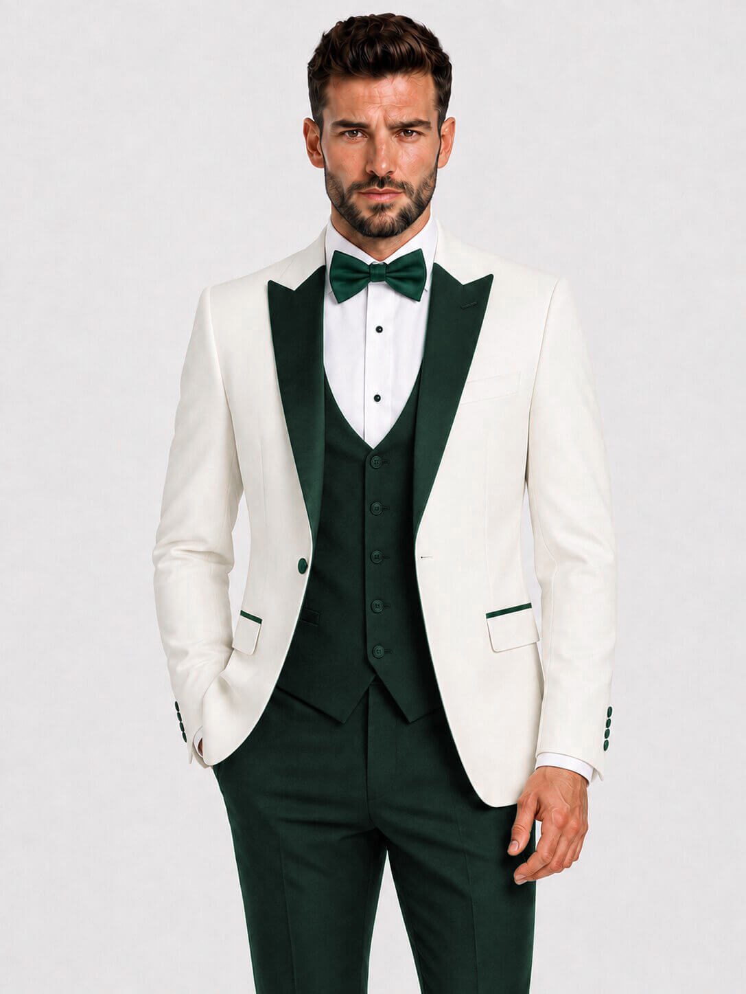 Men’s Ivory & Dark Green 3-Piece Peak Lapel Tuxedo