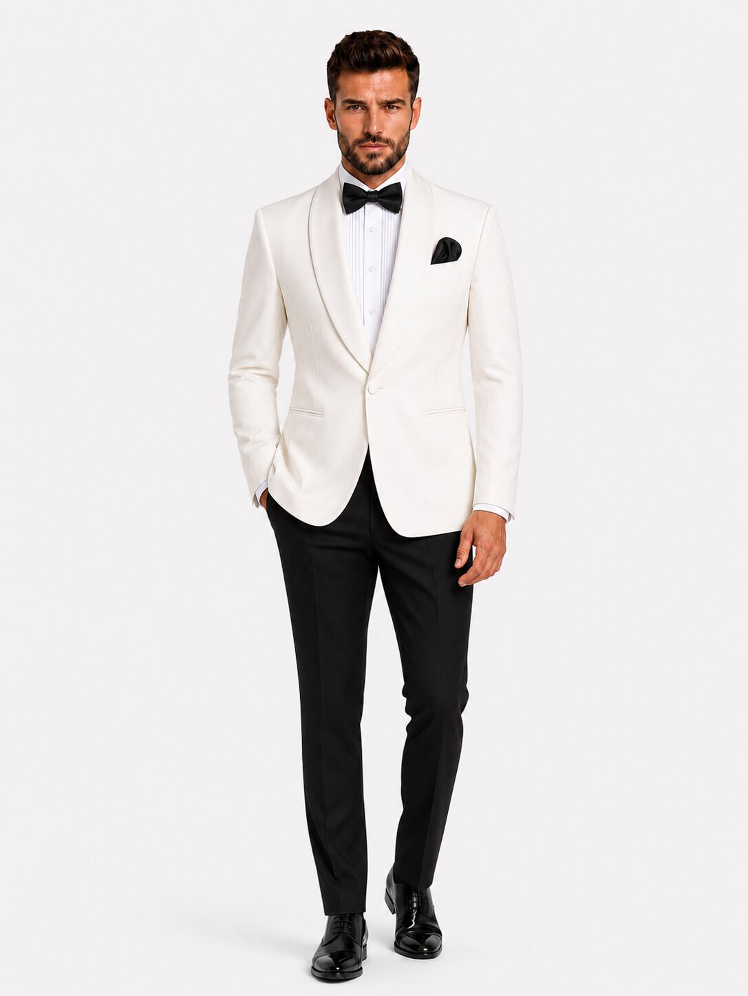 Men’s Ivory Shawl Lapel Tuxedo with Black Trousers