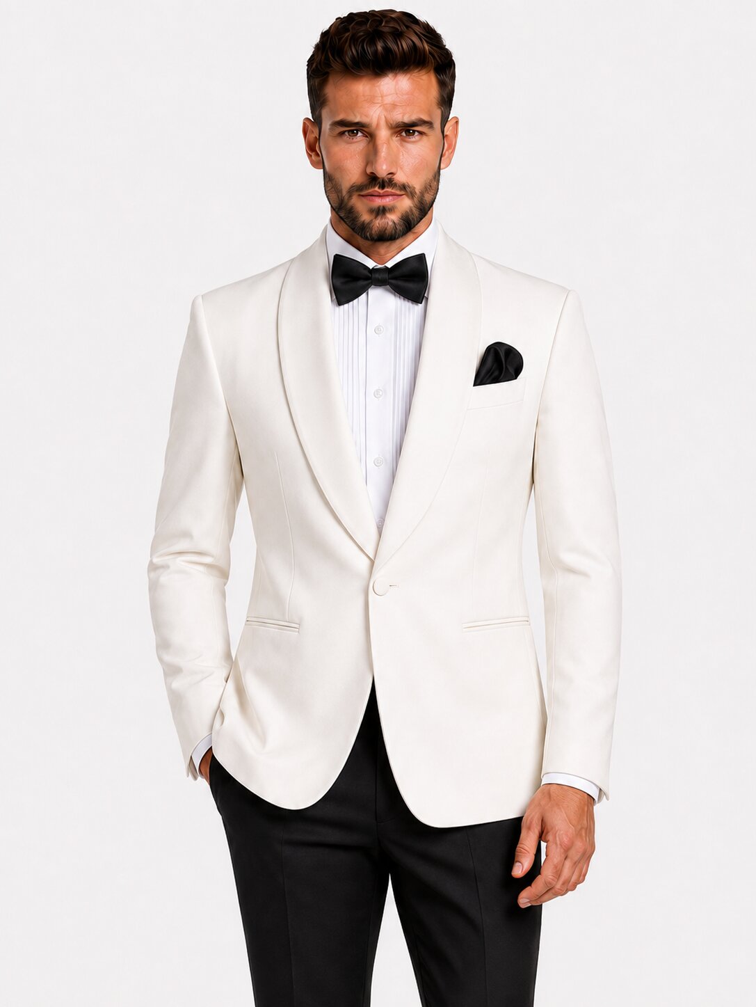 Men’s Ivory Shawl Lapel Tuxedo with Black Trousers