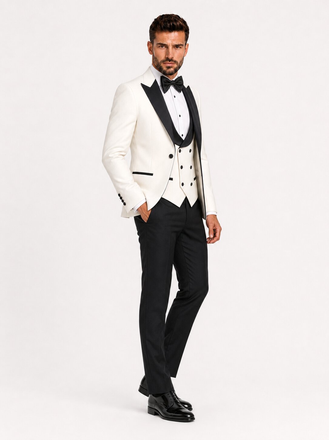 Men’s Ivory & Black Peak Lapel 3-Piece Groom Tuxedo