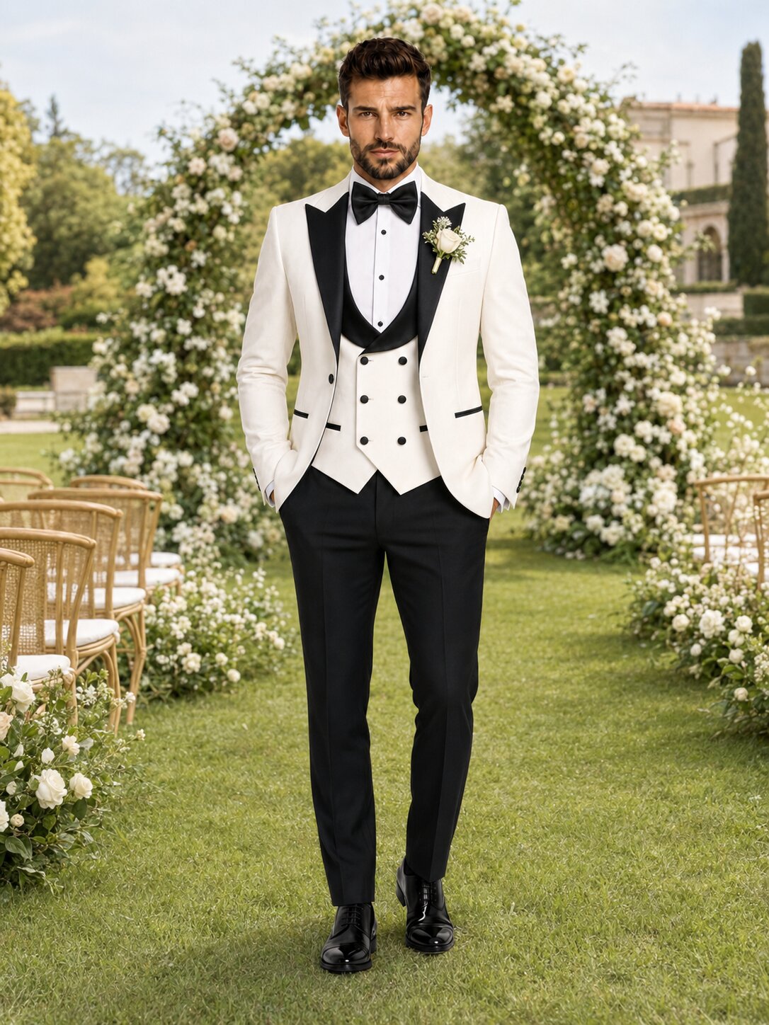 Men’s Ivory & Black Peak Lapel 3-Piece Groom Tuxedo
